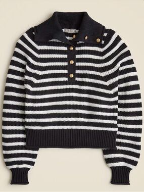 J Crew Black and White Striped Ribbed Cotton Button Collar Sweater